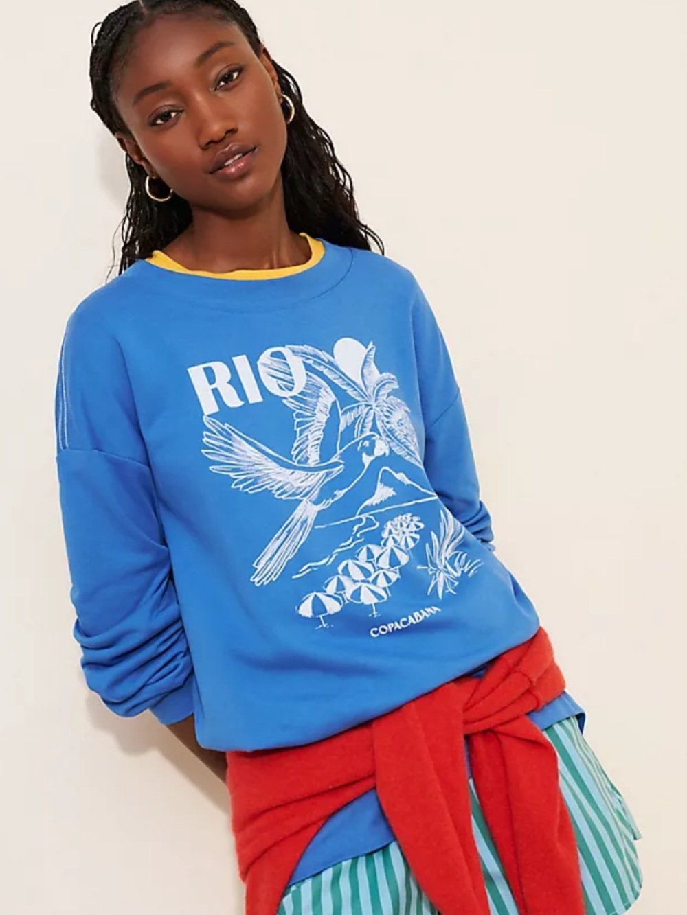 FARM RIO for Anthropologie Bright Blue Graphic Crewneck Sweatshirt